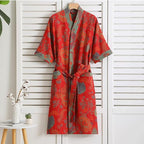 Womens Boho Floral Print Robe Lightweight Short Sleeve Bathrobe Soft Kimono Robes V-neck Loungewear with Pockets