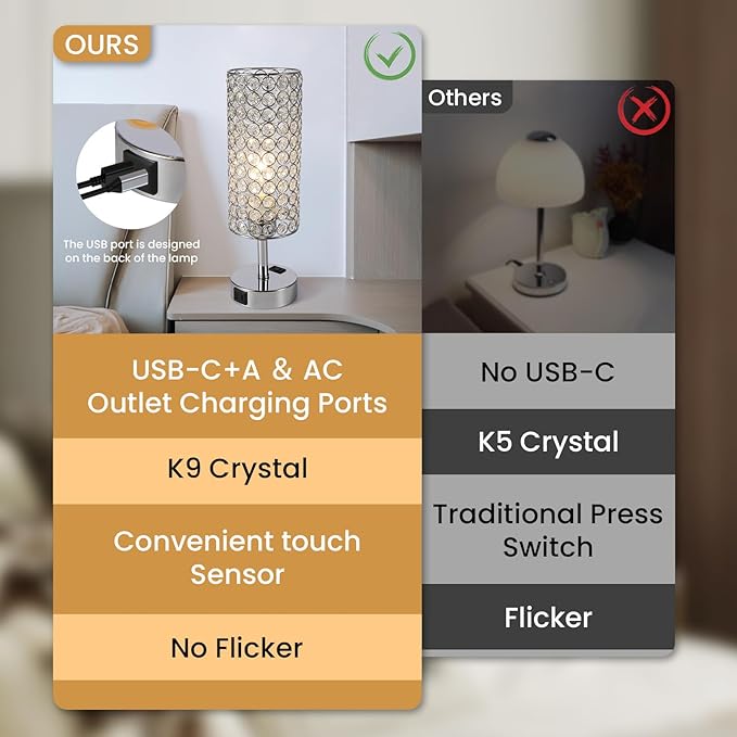 Crystal Table Lamp Touch Table Light Chrome Dimmable USB Charging Modern Bedside Lamps for Bedroom Night Stands Living Room (Bulb Included)