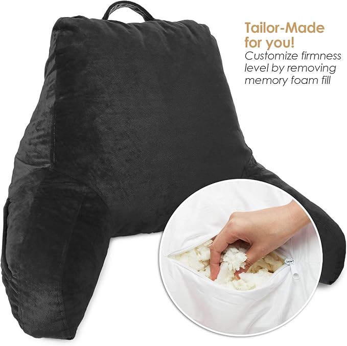 Clara Clark Reading Pillow for Kids & Teens with Shredded Memory Foam, Backrest Pillows for Reading, Watching, and Gaming, Use on The Couch, Bed, or Floor, Adjustable Support with Washable Cover Black