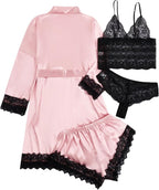 WDIRARA Women' Silk Satin Pajamas Set 4pcs Lingerie Floral Lace Cami Sleepwear with Robe