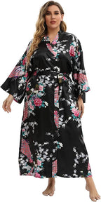 Women's Floral Long Satin Robes Plus Size Long Silk Robes Peacock Floral Kimonos Sleepwear Dressing Gown
