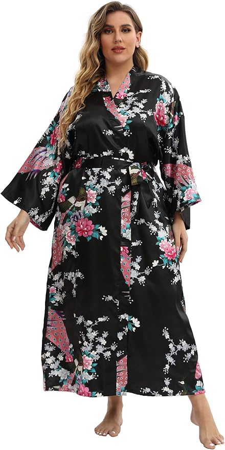 Women's Floral Long Satin Robes Plus Size Long Silk Robes Peacock Floral Kimonos Sleepwear Dressing Gown