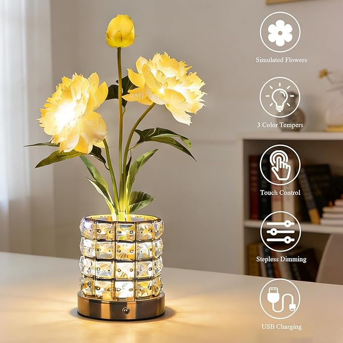 Flower Table Lamp, Orchid Flower with Crystal Vase Lamp, Cordless Touch Desk Light, 3 Colors Dimming & Rechargeable, Small Night Light for Bedroom Home, Romantic Gifts for Girl Women (Peony-White)