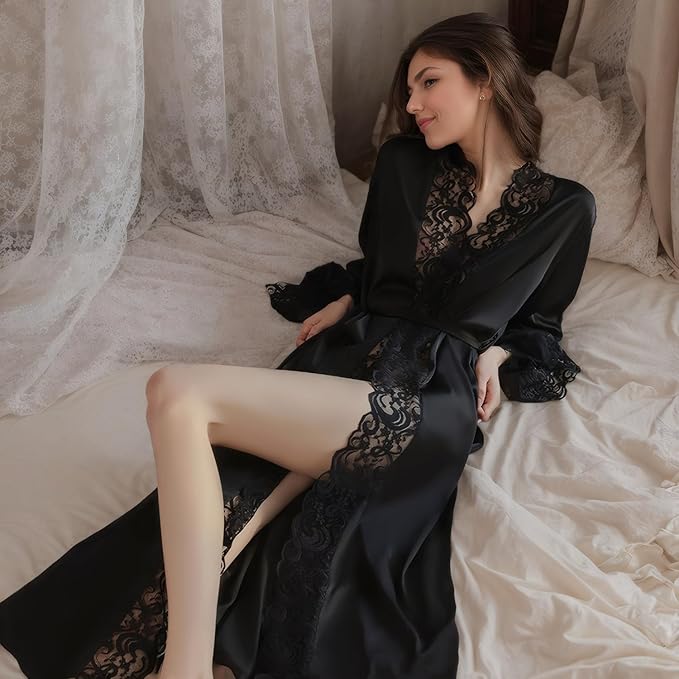 Women Sexy Satin Lace Robe,Long Sleeve Silk Bathrobe with Belt Soft Lightweight Full Length Sleepwear
