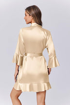 Ekouaer Women's Satin Robe Short Ruffle Hem Silky Robes Lightweight Kimono Brides Bathrobes Sleepwear XS-XXL