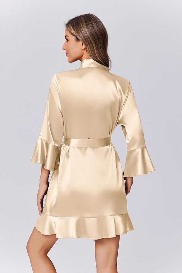 Ekouaer Women's Satin Robe Short Ruffle Hem Silky Robes Lightweight Kimono Brides Bathrobes Sleepwear XS-XXL