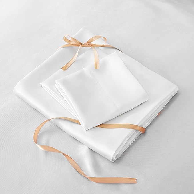 BEDELITE Satin Sheets Twin XL Size Bed Set, Luxury Soft White Silky Sheets for Hair and Skin, Similar to Silk Bed Sheets Set 3 Pieces （1 Deep Pocket Fitted Sheet, 1 Flat Sheet, and 1 Pillowcase）