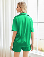 Ekouaer Pajamas for Women Silk Satin Pjs Soft Sleepwear Short Sleeve Button Down Pjs Top and Shorts 2 Piece Lounge Set S-XXL