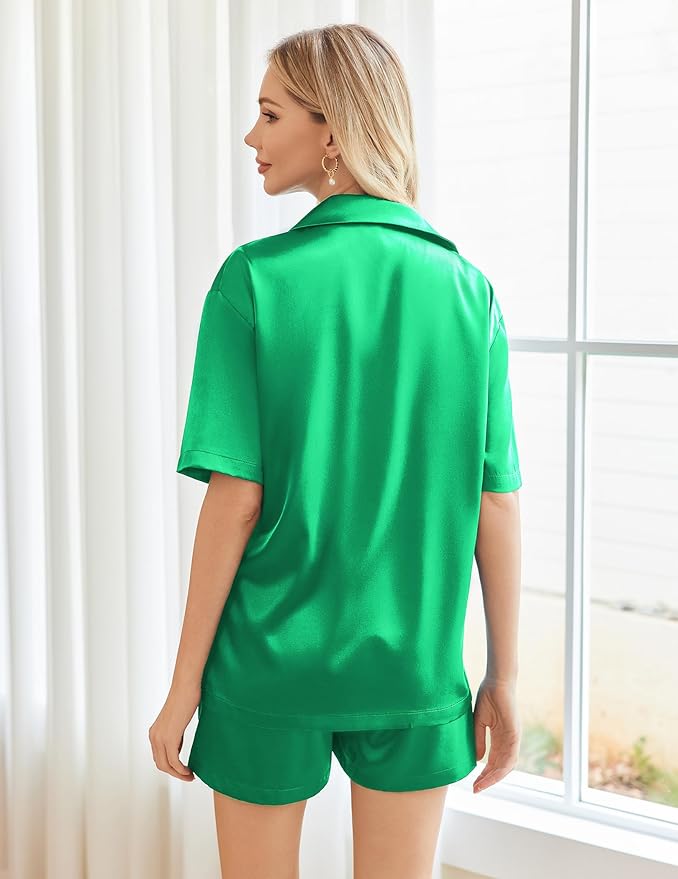 Ekouaer Pajamas for Women Silk Satin Pjs Soft Sleepwear Short Sleeve Button Down Pjs Top and Shorts 2 Piece Lounge Set S-XXL