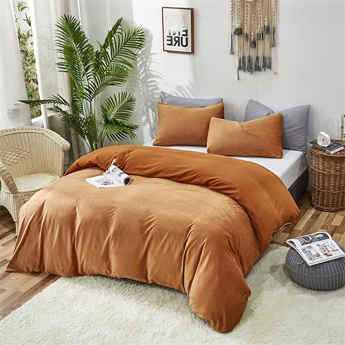 Luxlovery Pumpkin Velvet Comforter Set Full Rust Flannel Bedding Comforter Set Full Size Terracotta Warm Thick Winter Blanket Quilts Dusty Burnt Orange 3 Piece Bedding Set for Women Men