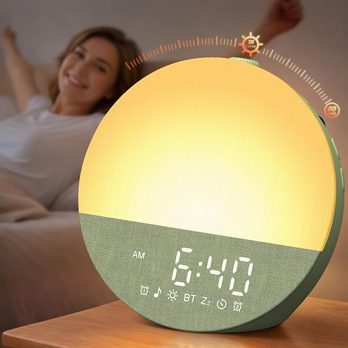 Wkzay Wake Up Sunrise Alarm Clock: 10-60 Minutes Simulate Sunrise for Gentle Wake Up - 20 Adjustable Brightness Bright Enough for Heavy Sleepers - Dual Alarms with Sound Machine
