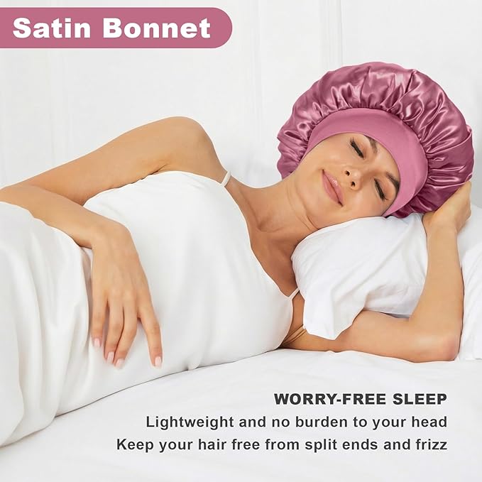 4Pcs Satin Bonnet Silk Bonnet, Hair Bonnet for Sleeping, Elastic Wide Band Silk Sleep Cap, Soft and Breathable(Rose Pink*4)