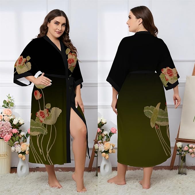 Kihnop Women's Floral Long Kimono Robe Long Satin Robe Long Silk Robe Ladies Kimonos Silky Bathrobe Cover Up, One Size