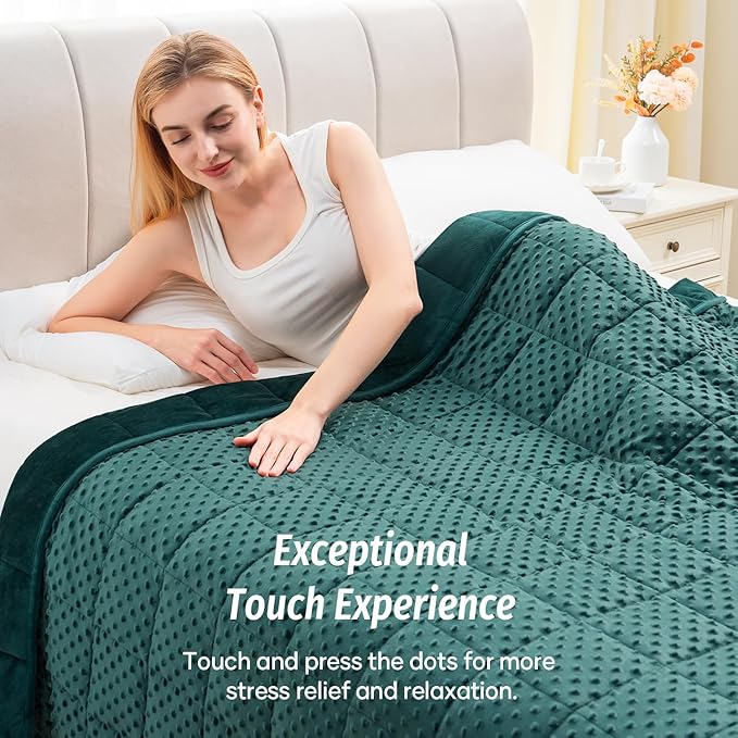 Wemore Minky Dot Weighted Blanket for Adults Queen Size 15 lb, Soft Heavy Blanket for Stress Relief and Sleep Promotion, Breathable Blanket for All-Season with Glass Beads, Dark Green 60 x 80 inches