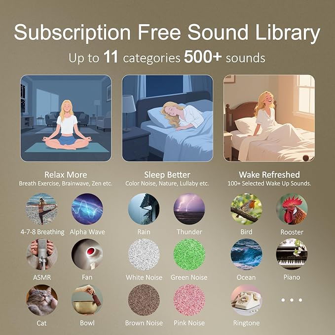 Hotmoon Alarm Clock with Sound Machine for Sleep, Luna Pro Dual-Stage Alarm, 507 Relaxing Sounds, Smart Night Light & Timer, Pink Green Brown White Noise Machine for Sleeping Adult Office Plug in