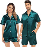 SWOMOG Satin Matching Pajamas Sets Couple Silk Button Down Nightwear Women & Men Short Sleeve Sleepwear 2 Pieces Loungewear