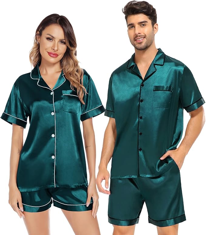 SWOMOG Satin Matching Pajamas Sets Couple Silk Button Down Nightwear Women & Men Short Sleeve Sleepwear 2 Pieces Loungewear