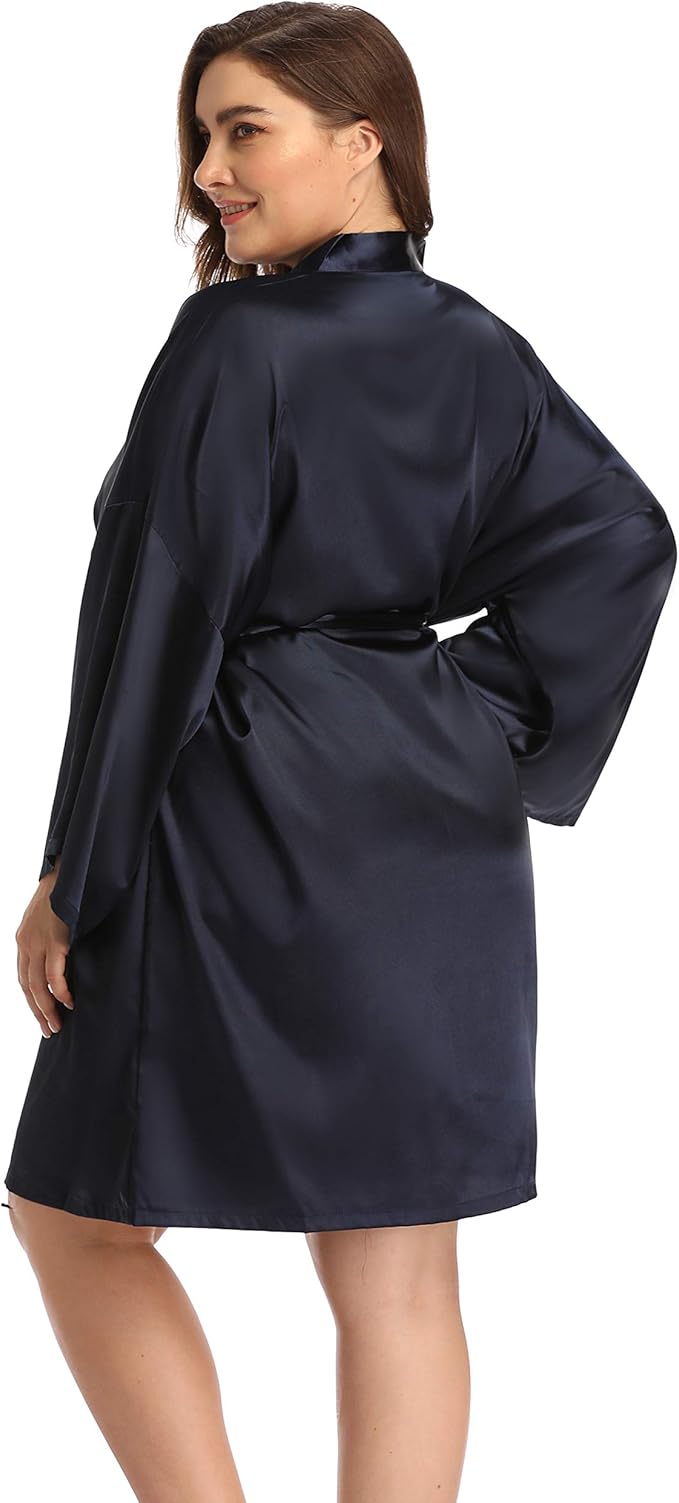 Women's Plus Size Short Satin Kimono Robes Sleepwear Bathrobes Silky Dressing Gown