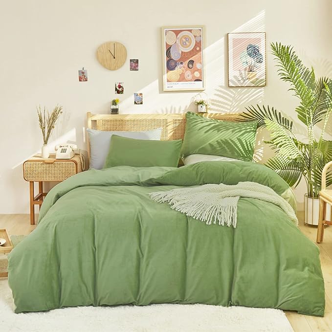 Cottonight Sage Velvet Comforter Set Full Light Green Fluffy Flannel Bedding Set Winter Plush Blanket Quilts Soft Thick Warm Grass Green Comforter Set for Women Men Full Bed