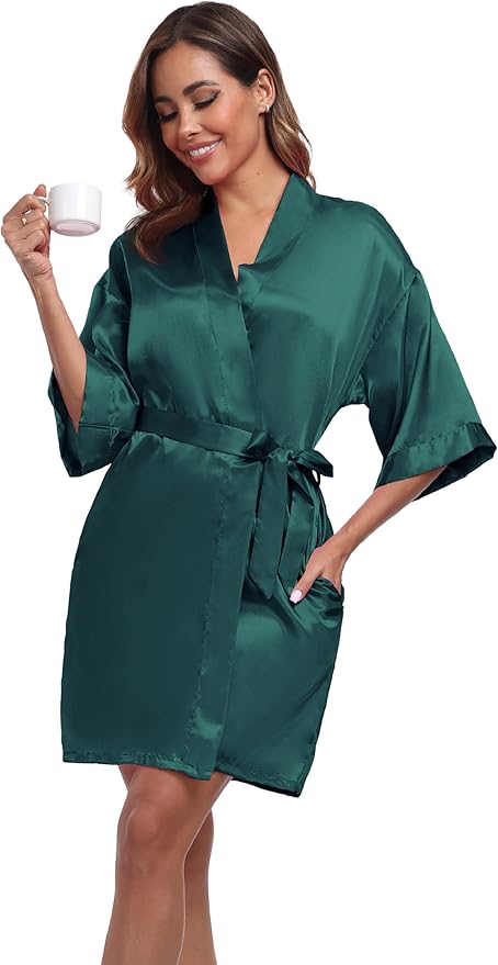 Women's Short Satin Robes Silky Bathrobe Bridesmaid Sleepwear for Wedding Party Getting Ready Solid Color