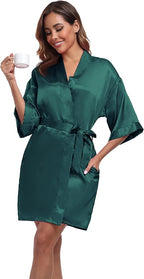 Women's Short Satin Robes Silky Bathrobe Bridesmaid Sleepwear for Wedding Party Getting Ready Solid Color