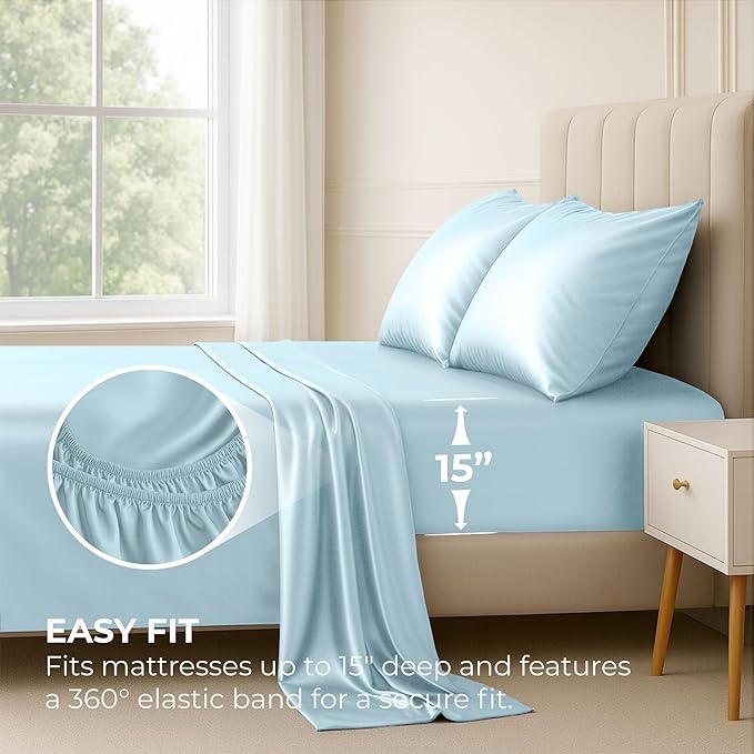 Satin Sheets Queen [4-Piece, Skyblue] Hotel Luxury Silky Bed Sheets - Extra Soft 1800 Microfiber Sheet Set, Wrinkle, Fade, Stain Resistant - Deep Pocket Fitted Sheet, Flat Sheet, Pillow Cases