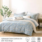 ALEISSEL Smoky Blue Botanical Cotton Comforter Queen Size - 3PC Lightweight Bedding Sets with Soft Fill, Luxurious Vintage-Inspired Floral Patterns, Light Gray Striped Reversible Design