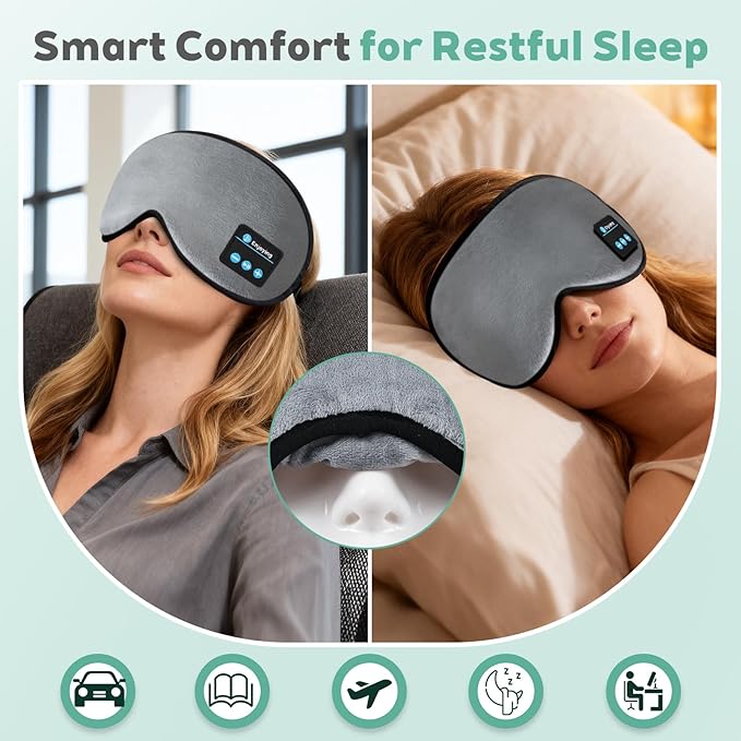 Sleep Mask Bluetooth Wireless Headphones, Sleep Earphones Music Eyemask, 2 in 1 Ear Mask and Eye Mask for Side Sleepers, Warm Earbuds Built-in HD Speakers Blindfold for Men Women (Grey)