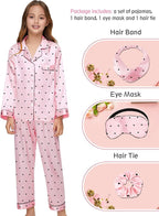 EPLAZA Kids Satin Pajamas Sets Girls Boys Button-Down Silky Pajamas Sleepwear with Hairband Eye Mask Hair Tie