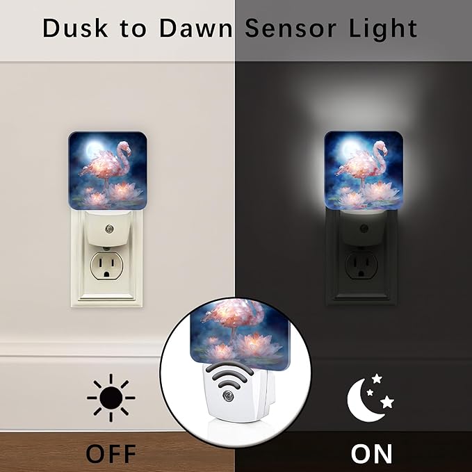 Tropical Bird Night Lights Plug Into Wall, Tropical Serene Water Lily Moon Summer Peach Led Night Lights Plug Into Wall Outlet for Guest Room Basement Office Decor 1pcs