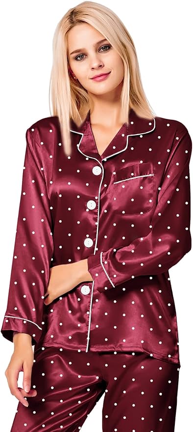 SWOMOG Womens Silk Satin Pajamas Set Long Sleeve Button Down Sleepwear 2 Piece Lounge Set Pj Set XS-3XL