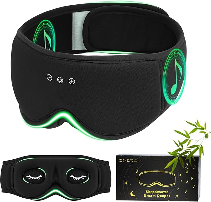 Bamboo Cotton Large Sleep Mask with Bluetooth Wireless Headphones - Blackout Eye Mask for Sleeping 3D Contoured Sleep Headband Ear Muffs Lengthen & Low Noise Hook for Better Experience (Black)