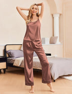 Ekouaer Women Silk Satin Pajamas Sleeveless Pjs Set 2 Piece Summer Loungewear Sleepwear with Pockets S-XXL