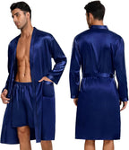 SWOMOG Mens 3 PCS Satin Robe with Pants & Shorts Set Kimono Bathrobe Long Sleeve Sleepwear Pjs Sets with Pockets