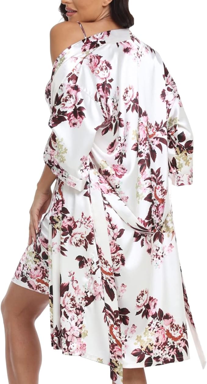 Women's Satin Robe Sets 2 Piece Nightgown Silk Pajama Sexy Floral Lingerie Lace Cami Sleepwear Night Robes