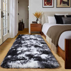 Amdrebio Black White Grey Runner Rugs 2x6 for Bedroom Living Room Decor, Fluffy Fuzzy Shag Bedside Area Rug for Kids Room Dorm Home Office, Cool Shaggy Plush Floor Modern Carpet for Teen Boys Men