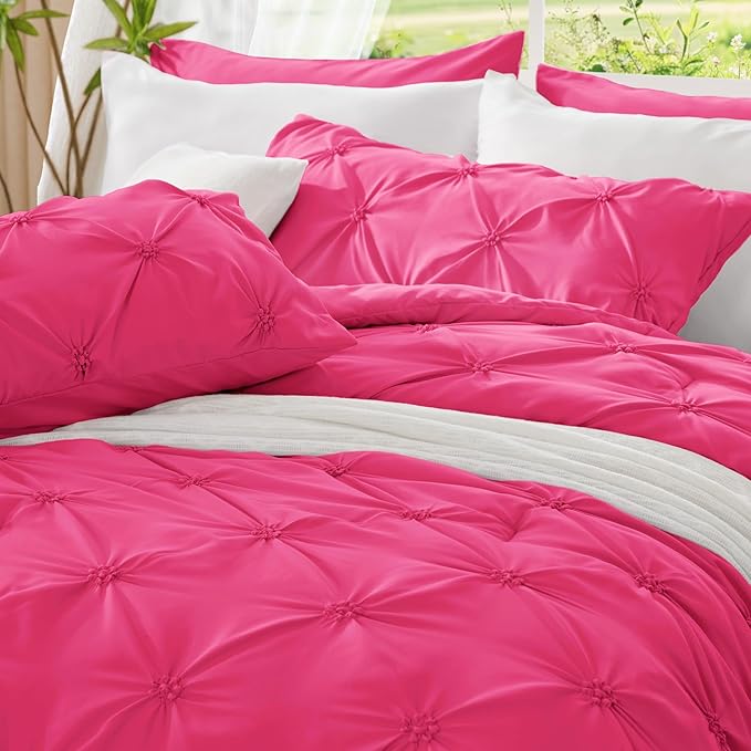 BEDELITE Hot Pink King Size Comforter Set - 3 Pieces Boho Pintuck Bedding Comforter Sets, Lightweight Soft & Warm King Bedding Set with 2 Pillowcases for All Season