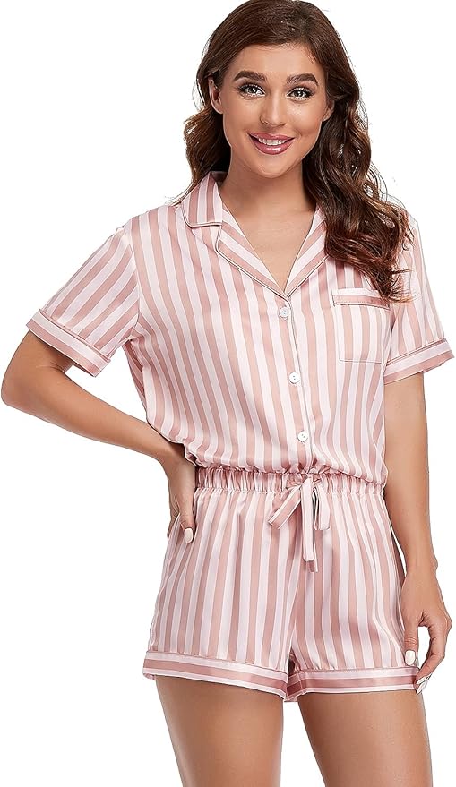 Serenedelicacy Women's Satin Pajama Set 2-Piece Sleepwear Loungewear Button Down Short Sleeve Silky PJ Set