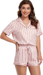 Serenedelicacy Women's Satin Pajama Set 2-Piece Sleepwear Loungewear Button Down Short Sleeve Silky PJ Set