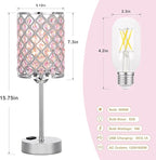 Hong-in Pink Lamps for Night Stands-Crystal Table Lamp with USB-C+A & AC Charging Ports, 3-Way Dimmable Nightstand Touch Lamp, Bedside Desk lamp for Bedroom Living Room Home Office