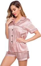 LecGee Womens Silk Satin Pajamas Short Sleeve Loungewear Two-Piece Sleepwear Button-Down Pj Set