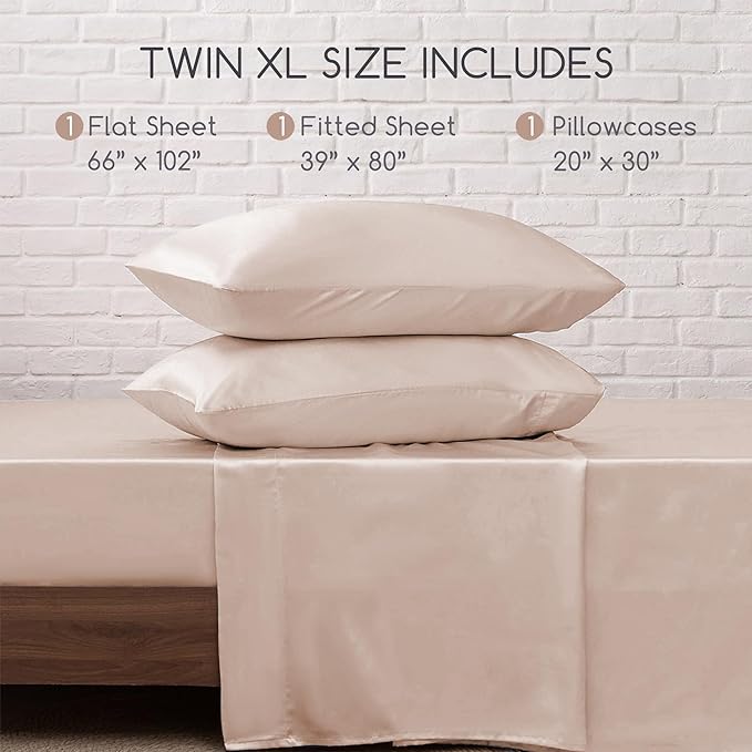MR&HM Satin Bed Sheets, Twin XL Size Sheets Set, 3 Pcs Silky Bedding Set with 15 Inches Deep Pocket for Mattress (Twin XL, Champagne)