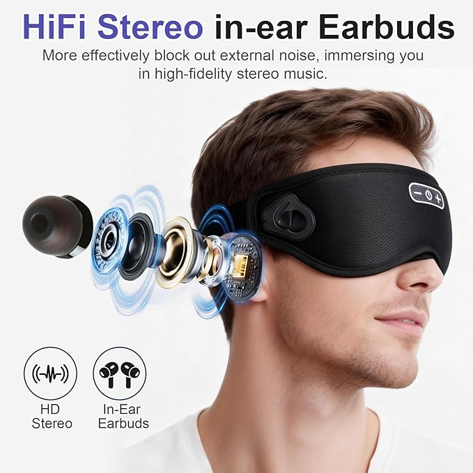 Sleep Headphones Wireless Bluetooth 5.4, 100% Blackout Sleep Mask with Bluetooth Headphones with HiFi Stereo in-Ear Earbuds, 3D Weighted Eye Mask for Sleeping Travel Meditation Men Women