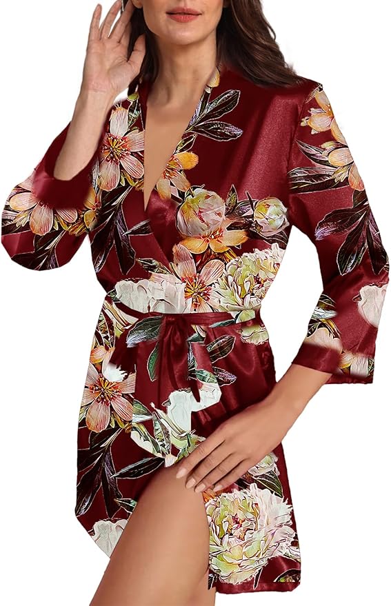 WJing Yi Jia Womens Satin Kimono Robe Silky Robes Floral Bathrobe Bride Bridesmaid Wedding Bridal Dressing Gown Loungewear
