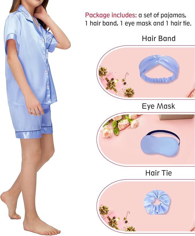 EPLAZA Kids Satin Pajamas Sets Girls Boys Button-Down Silky Pajamas Sleepwear with Hairband Eye Mask Hair Tie