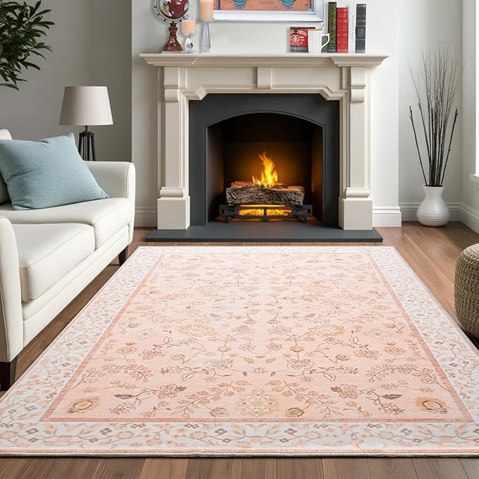CRYPTOLITE Area Rug for Living Room, 8x10 Machine Washable Non Slip Large Faux Wool Throw Rug, Low Pile & Non-Shedding Boho Large Carpet Rugs for for Dining Room, Bedroom, Office (Cinnamon)