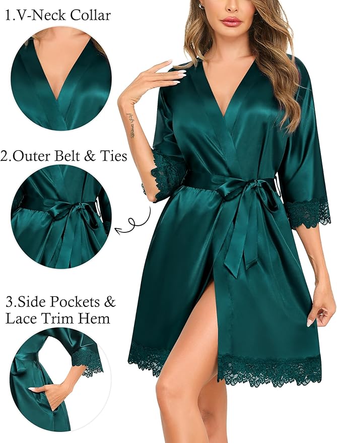 SWOMOG Women's Satin Robe Set 2 Piece Sexy Pajamas Sets Lace Cami Nightgown and Silk Robes Nightwear