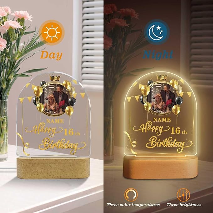 Customized Birthday Gifts Personalized Acrylic LED Night Light Lamp Plaque Custom Photo Name Age Birthday Gifts for Women Men(B-Black and Gold)