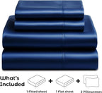 Pure Bedding Satin Sheets Full [4-Piece, Navy] Hotel Luxury Silky Bed Sheets - Extra Soft 1800 Microfiber Sheet Set, Wrinkle, Fade, Deep Pocket Fitted Sheet, Flat Sheet, Pillow Cases