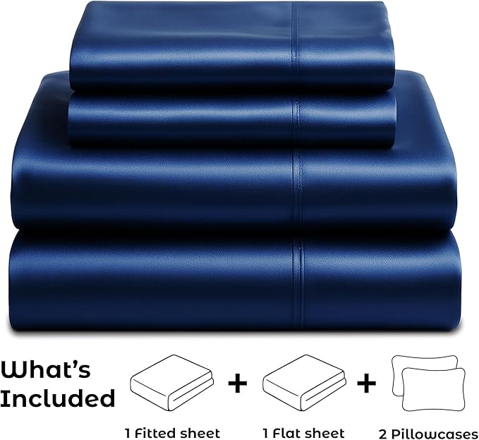 Pure Bedding Satin Sheets Full [4-Piece, Navy] Hotel Luxury Silky Bed Sheets - Extra Soft 1800 Microfiber Sheet Set, Wrinkle, Fade, Deep Pocket Fitted Sheet, Flat Sheet, Pillow Cases